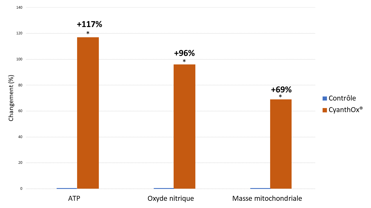 Variations des teneurs en ATP, oxyde nitrique et de la masse mitochondriale avec CyanthOx® (étude in vitro). (* = p<0,05)